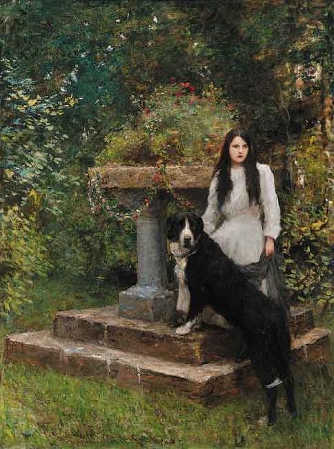 Sir Hubert von Herkomer,RA,RWS A young girl and her dog China oil painting art